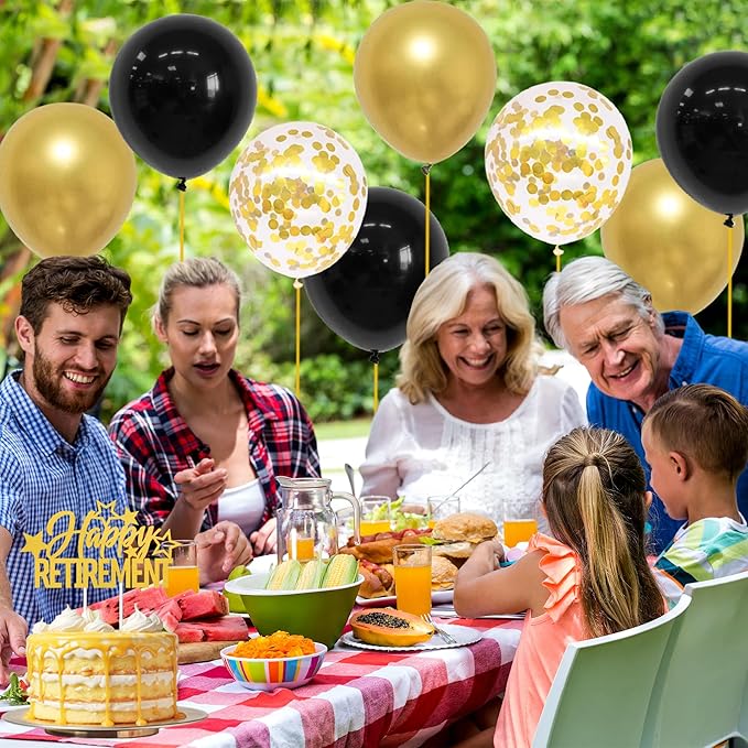 DARUNAXY Black Gold Retirement Party Decorations, This Legend Has Retired Banner Congratulations Quitter Hanging Swirl Honeycomb Confetti Balloons Black & Gold Tissue Paper Pom Poms & Cake Topper
