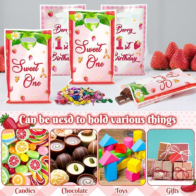 ArianQicult Berry First Birthday Party Favor Bags - 50Pcs Strawberry Sweet One Goody Candy Treat Gift Bags 1st Birthday Party Decorations for Kids Boys Girls Baby Shower Party Supplies
