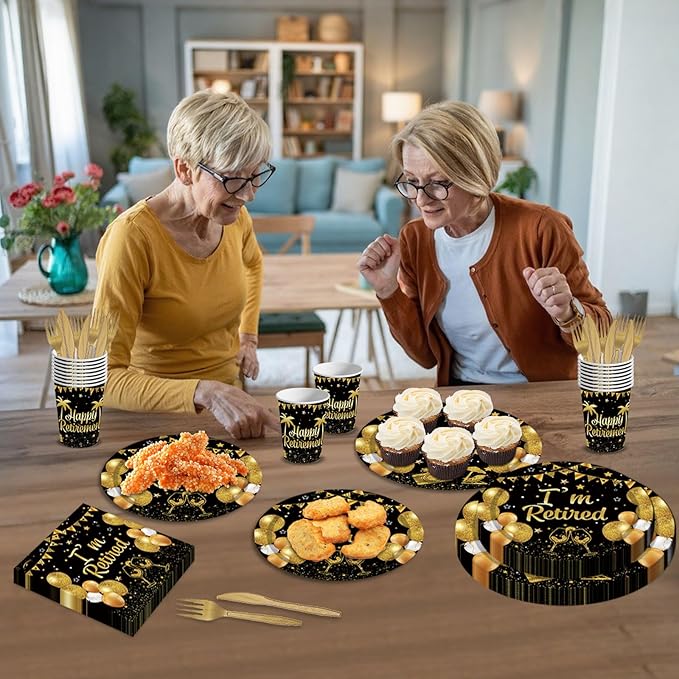 144PCS Happy Retirement Party Supplies Black Gold Retirement Tableware Set Retired Party Decorations Including Paper Plates Napkins Cups Forks Serve 24 for Men Women
