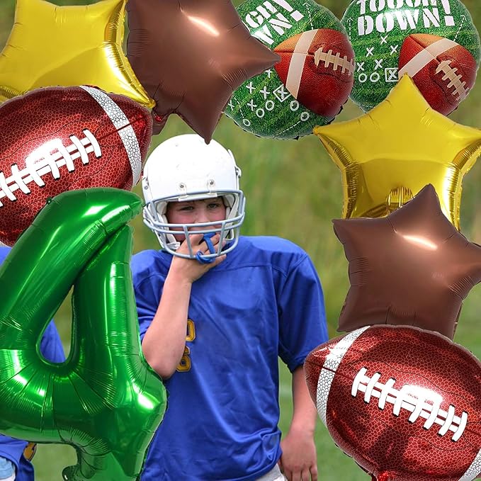 Football Balloons Foil Football Birthday Decorations Balloons Green Number 4 Balloon Gold Brown Star Touchdown Ballons for Rugby Birthday Decorations Sports Ballons Arch Kits Party Balloon Sets 9pcs