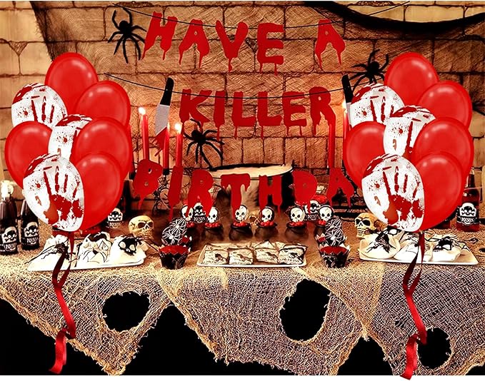 Leesoot 16pcs 12inch Red + Blood Handprint Balloons + Have a Killer Birthday Party Banner for Halloween Bloody Party Spooky Party Terror Decoration Zombie Vampire Party