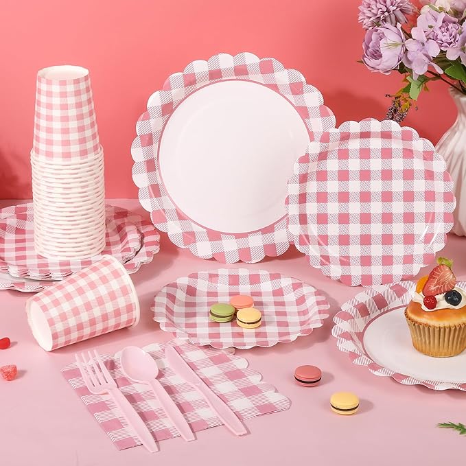200 Pcs Light Pink Gingham Party Supplies Pink and White Scalloped Paper Plates and Napkins Cups Disposable Gingham Checkered Plaid Dessert Plates Tableware Set for Baby Shower Wedding BBQ