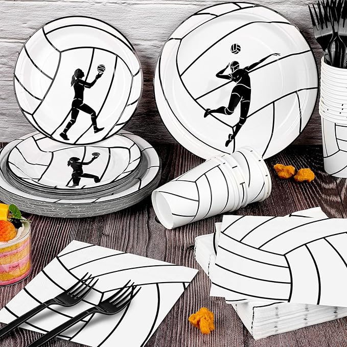 durony 144 Pieces Volleyball Paper Plates and Napkins Dinnerware Set Volleyball Birthday Party Tableware Supplies Includes Paper Plates Napkins Forks Serve 24 for Sports Party Supplies