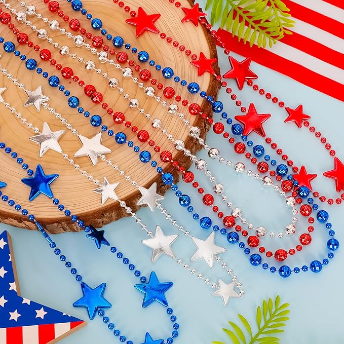 4th of July Accessories, 24PCS Fourth of July Patriotic Beads Necklaces Bulk, Independence Day Red Blue White Stars Round Beads, Patriotic Necklace for Parade Party Favors Decorations