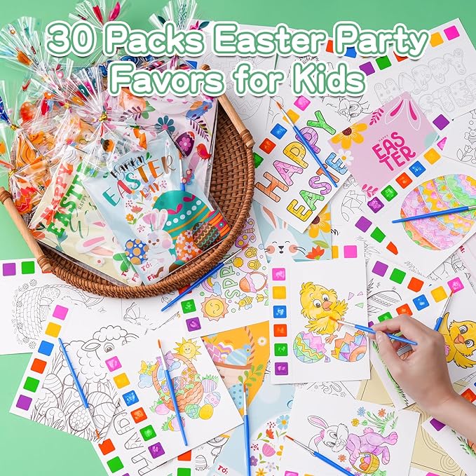 Rotu Easter Basket Stuffers Essentials 30 Packs(274Pcs) Mess Free Watercolor Coloring Books with Easter Cards for Kids, Easter Classroom Gifts for Kids Crafts Games Party Favors for Kids
