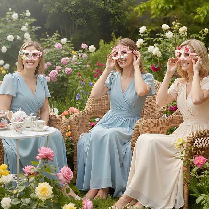 Pajean 32 Pcs Tea Party Decorations Eyeglasses Tea Time Themed Paper Glasses Supplies Floral Photo Booth Props Frame for Garden Floral Bridal Shower Birthday Party Decor Favors Supplies