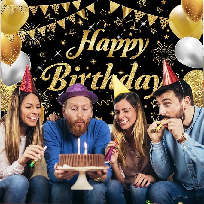 Happy Birthday Banner - Decorations for Men Women Party Welcome Background Sign, Indoor Outdoor (Gold-A)
