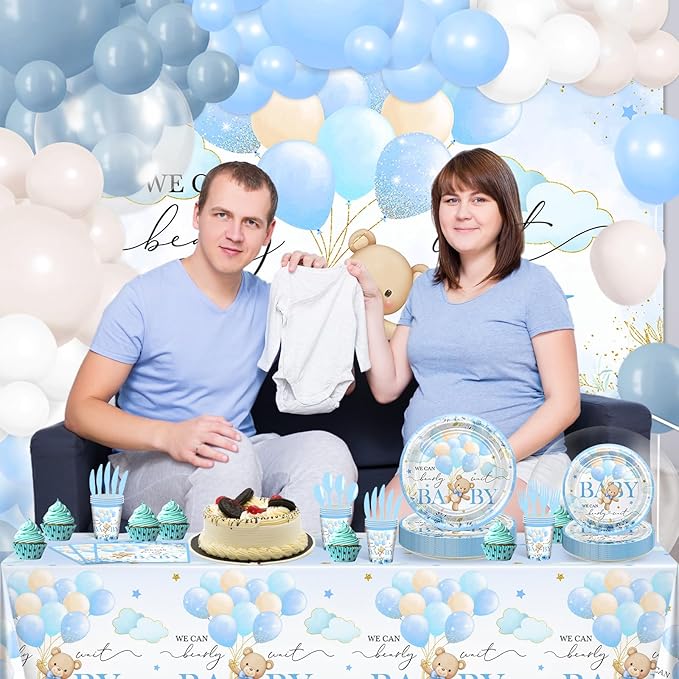 270 Pcs Blue Bear Baby Shower Decorations: We Can Bearly Wait Baby Shower Banner Disposable Plates Napkins Cups Tablecloth Balloons for Boy Serve 24