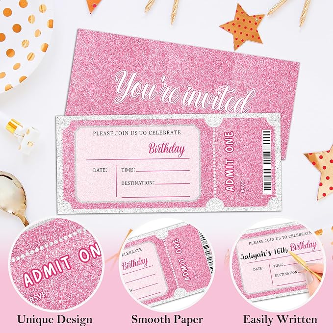 Pink Glitter Birthday Invitation Ticket, Glitter Invitation for Girls Teens, 20 Ticket With Envelopes, 3.5 x 8 inch Double-Sided Fill In Birthday Party Personalized Invites Cards - B