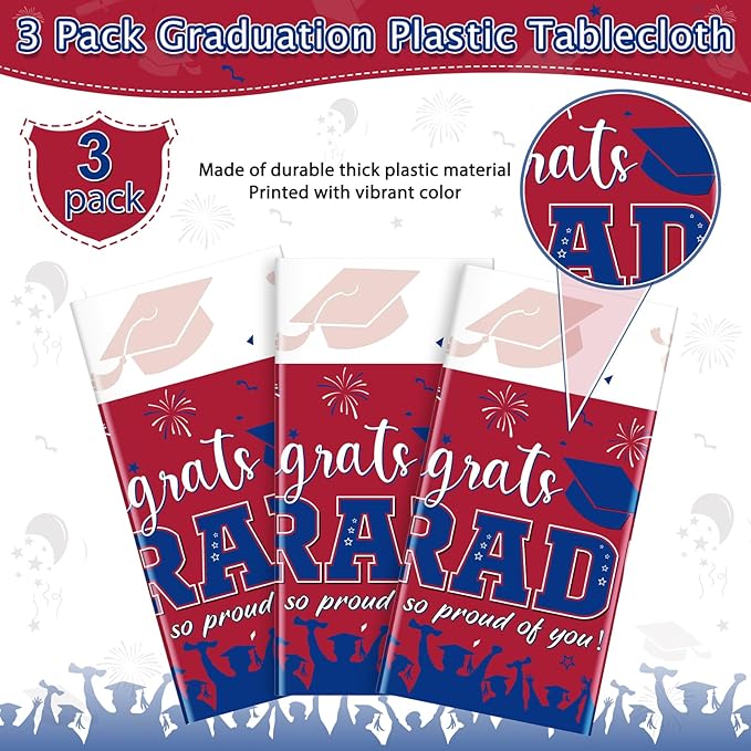 3 Pack Graduation Tablecloth Party Decorations, Class of 2026 Congrats Grad Plastic Tablecover Party Supplies, Red and Blue Rectangle Graduation Table Decor for College High School Party, 54 x 108Inch