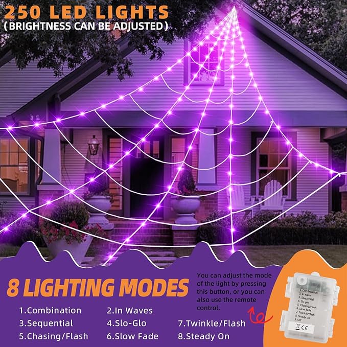 Halloween Decorations Outdoor and Indoor, 250 LED Halloween Spider Web Light Decorations, 200" Large Light Up Spider Web for Yard(Purple)