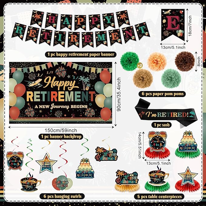 20pcs Retirement Decorations for Men Women Coloful Vintage Happy Retirement Banner Backdrop Hanging Swirls Pompoms Table Honeycomb Centerpieces Retired Sash Farewell Retired Decorations Supplies