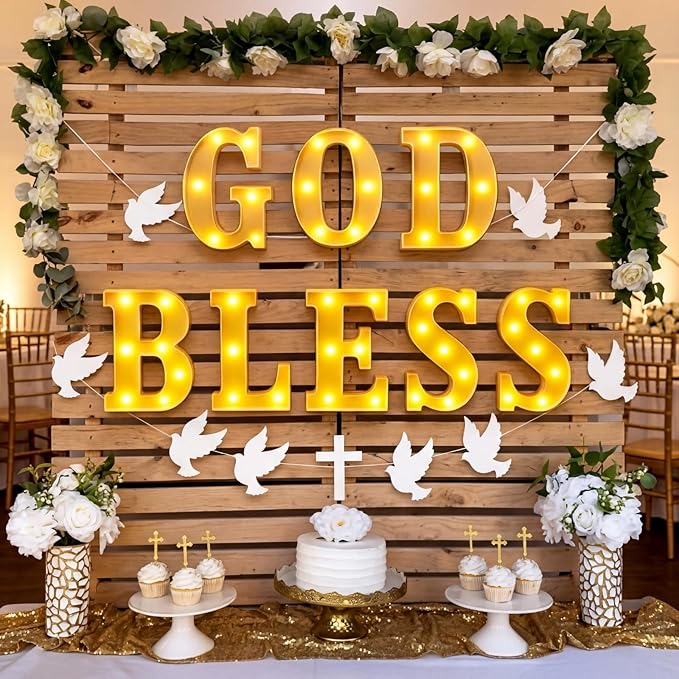 Honoson 8 Pcs First Communion Decorations God Bless Lights up Sign Table Lights Decorations for First Communion Christening Baptism Party Baby Shower Supplies