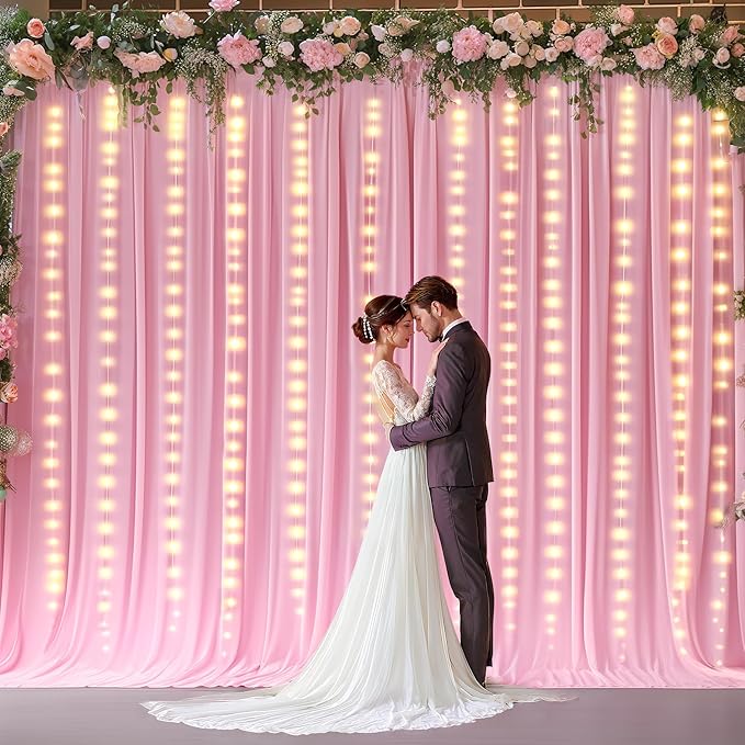 10 x 10ft Baby Pink Backdrop Curtains with Lights String for Girls Birthday Photo Backdrop Drapes Wrinkle Free Polyester Curtain Backdrop for Parties Wedding Reception Baby Shower Ceremony-5 x 10ft 2P