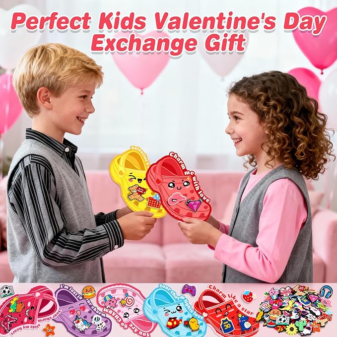 152 Pcs Valentines Day Cards Sets for Kids School Valentines Classroom Gifts for Kids 50 Pcs Bulk Exchange Card with 102 Pcs Shoe Charms for Boys Girls Toddlers Valentine Party Class Favors