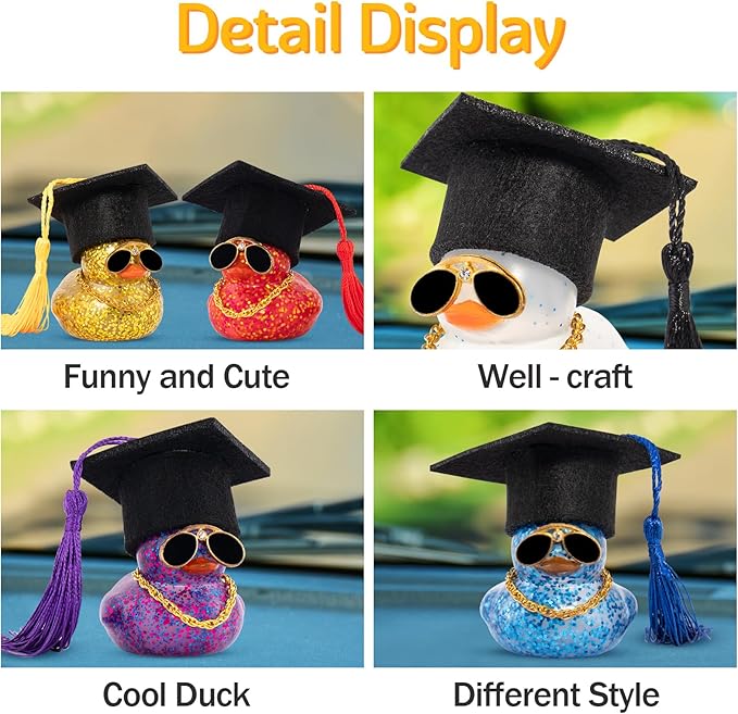 wonuu Car Dashboard Decor Graduation Hat Color Rubber Duck, Car Ducks Ornaments with Mini Graduation Hat Necklace Sunglasses (Glitter, Dark Purple)
