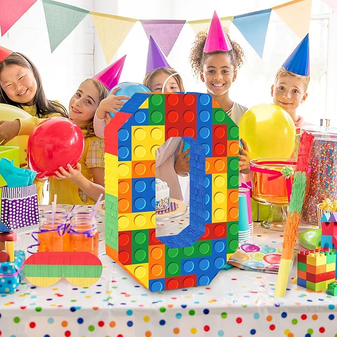 Number 0 Pinata Building Blocks with Pinata Stick Blindfold 10th Birthday Party Decorations for Kids Happy Birthday Building Block Theme Anniversary Party Supplies (Small, 16 x 10.6 x 3 In)