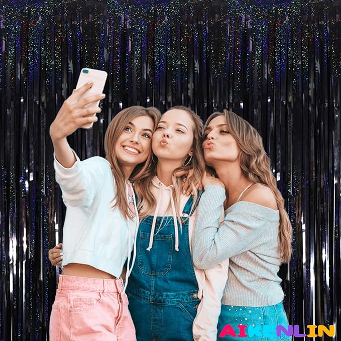 4 Pack 3.2Ft x 8.2Ft Black Foil Fringe Curtain Backdrop, Metallic Tinsel Foil Fringe Streamers Curtains Background for Photo Booth, Birthday, Wedding, Disco, Bachelorette, Christmas Party Decoration