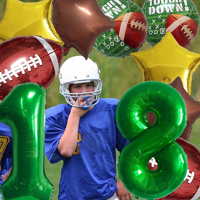 Football Balloons Foil Football Birthday Decorations Balloons Green Number 18 Balloon Gold Brown Star Touchdown Ballons for Rugby Birthday Decorations Sports Ballons Arch Kits Party Balloon Sets 10pcs
