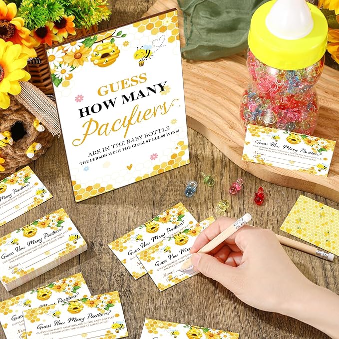 Syhood 472 Pcs Bee Baby Shower Games Guess How Many Pacifiers Game Sign 50 Small Guessing Games 20 HB Pencils 750 ml Milk Bottle 400 Acrylic Pacifiers Decorations Guests Gender Reveal Party Favor