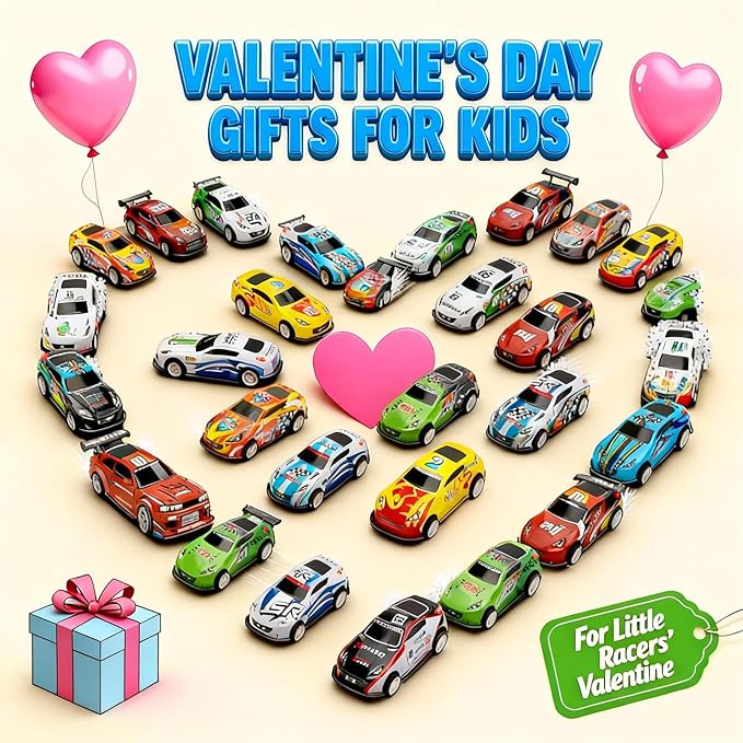 28 PCS Easter Basket Stuffers for Kids, Racing Cars Gift with Cards, Valentines School Classroom Exchange Greeting Cards, Valentines Day gifts for Kids Classroom Party Favors (28)