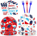 96 Pcs Patriotic Party Plates Napkins Tableware Set Summer Ice Pop Supplies Disposable Dinnerware 4th of July Theme Popsicle Decoration Favors for American Independence Day Memorial Day, 24 Guests