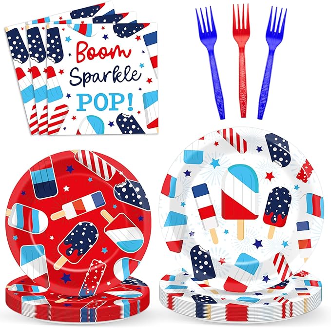 96 Pcs Patriotic Party Plates Napkins Tableware Set Summer Ice Pop Supplies Disposable Dinnerware 4th of July Theme Popsicle Decoration Favors for American Independence Day Memorial Day, 24 Guests