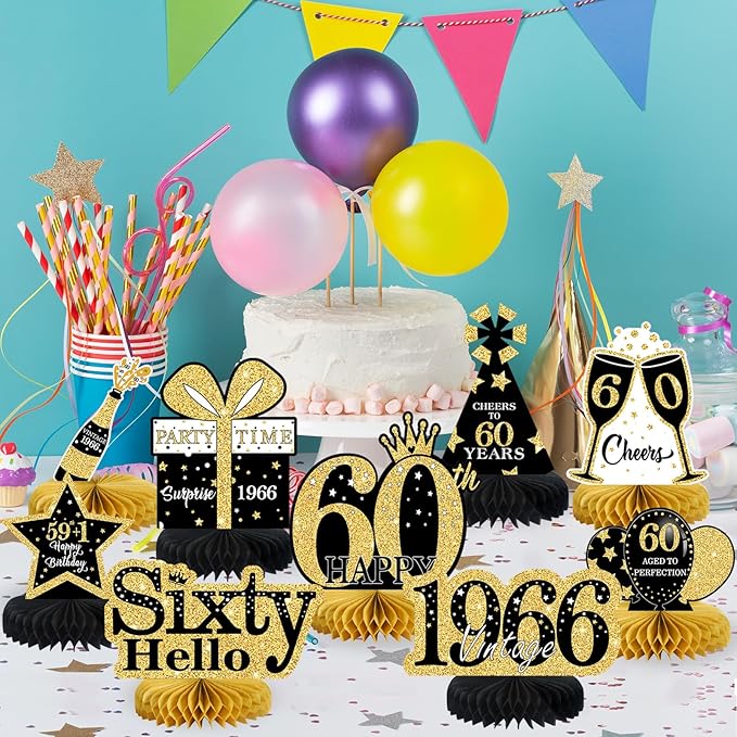 9 Pcs 60th Birthday Decorations Honeycomb Centerpieces for Women Men, Black Gold 1966 Aged to Perfection Vintage Centerpieces for Tables Toppers,Sixty Years Party Decorations Supplies