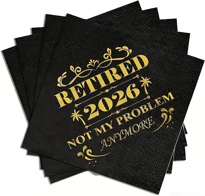 Retired 2026 Cocktail Napkins, 50 Pack 3-Ply Retirement Party Decorations Supplies, Black & Gold Disposable Napkins for Farewell,Coworker Goodbye & Going Away Celebration (5"x5")
