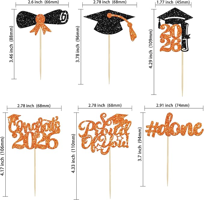 Gyufise 24Pcs 2026 Graduation Cupcake Toppers Orange Glitter Congrats Class of 2026 Done Diploma Grad Cap Cupcake Picks So Proud of you Cake Decoratiosn for 2026 Graduation Theme Party Supplies