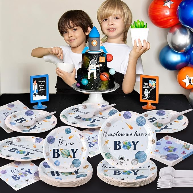 Houston We Have A Boy Outer Space It's a Boy Baby Shower Astronaut Planet Galaxy Plates Supplies - Serves 24-96Pcs Party Tableware Decoration Disposable Paper Plates Napkin Fork for Birthday