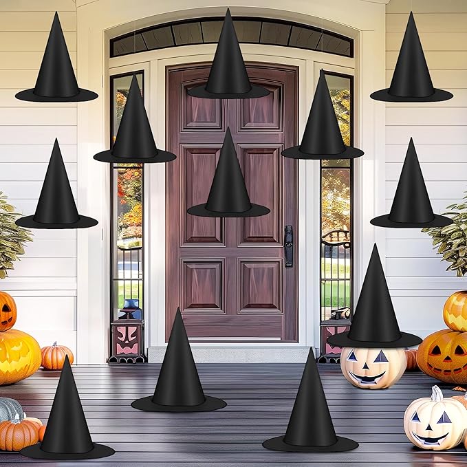 Halloween Hanging Witch Hats & Costume Accessories, 328 FT Nylon Cord Wizard Hats, Indoor Outdoor Decorations for Home, Yard, Porch, Ceiling, Black, 12 PCS