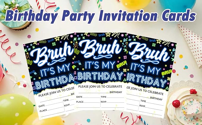 CLIRBE Bruh Birthday Party Invitations, Glow Neon Invited Birthday Invitations For Brother Bro Teen Boys, 20 Invites Cards With 20 Envelopes, Party Supplies Favors -H05