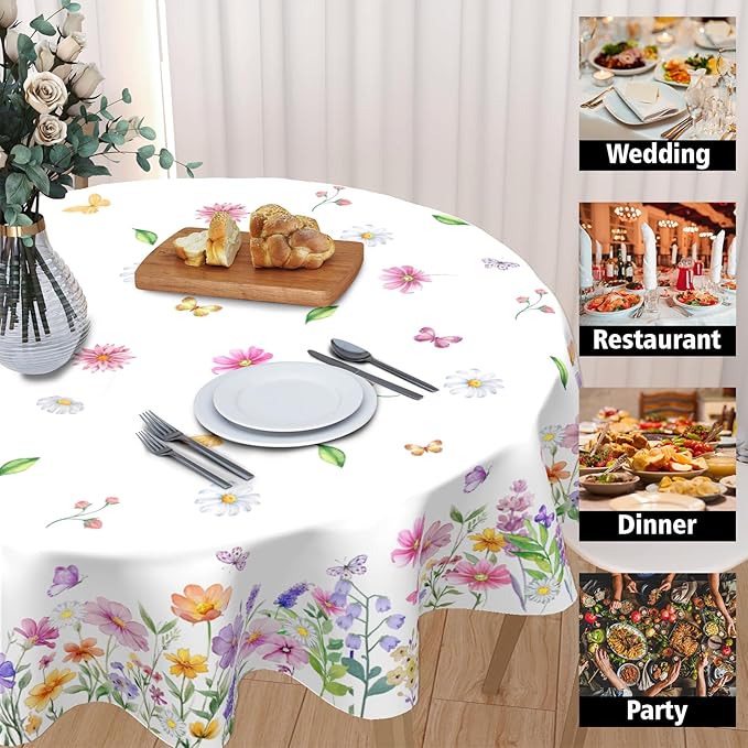 Spring Floral Tablecloth Round 60 Inch Yellow and Pink Wildflower Table Cloth Farmhouse Butterfly Table Cover Holiday Table Covers for Kitchen Dinner Party Home Decor