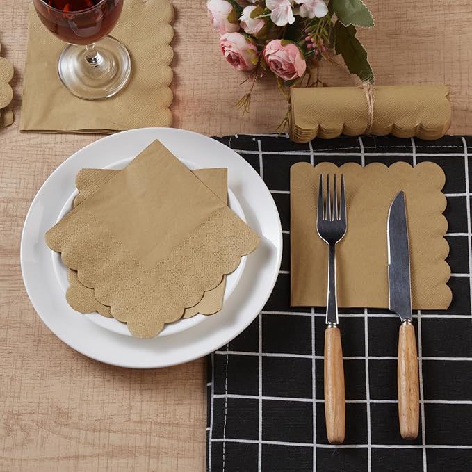 100 Pack Cocktail Napkin 2-Ply Scalloped Edged Dessert Napkins Folded 5 x 5 Inches Disposable Napkins for Dinner Wedding Birthday Party Bridal Anniversary Reception Event (Brown)