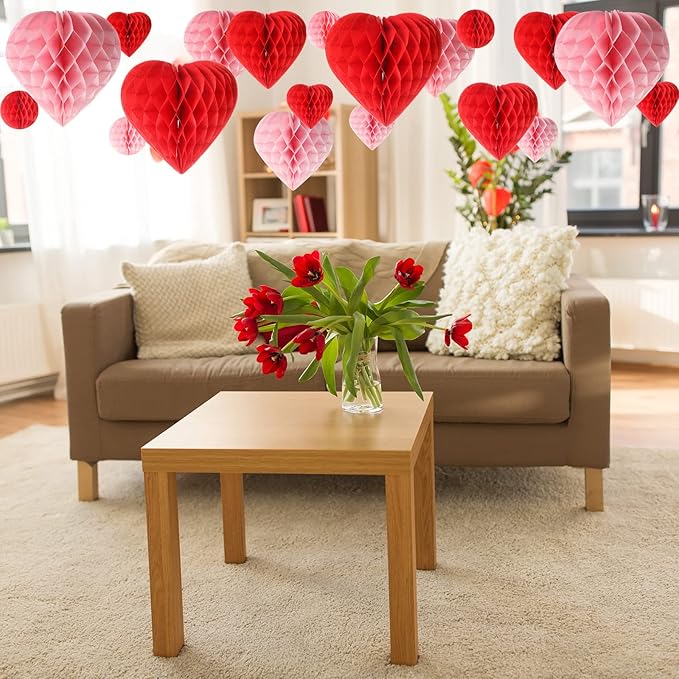 16 Pieces Valentine‘s Day Heart & Ball Tissue Paper Honeycomb Ball Love Decoration Pom Poms Pink Red Paper Heart Valentines Honeycomb for Valentine‘s Day Wedding Party Decors