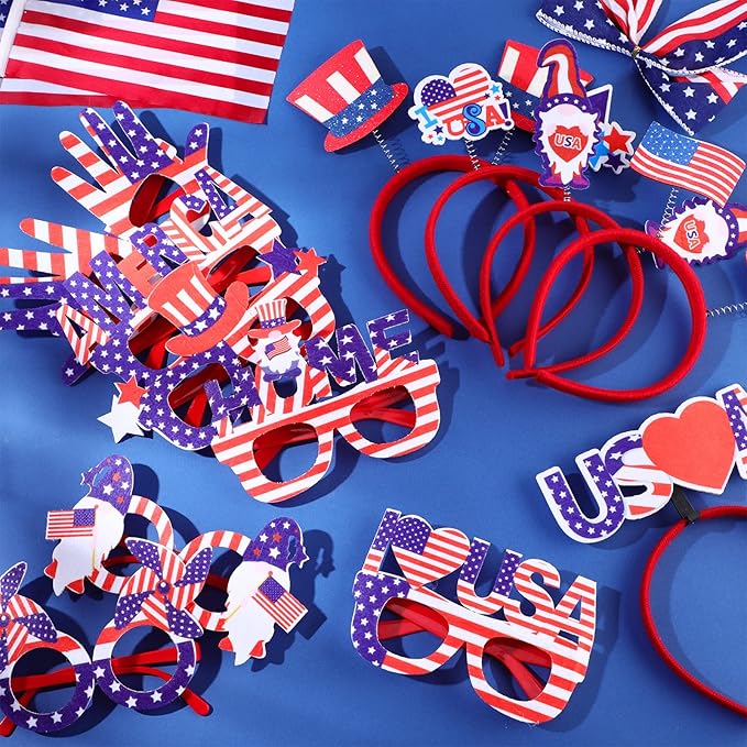 Retrowavy 24 Pcs 4th of July Party Favors Patriotic Accessories 12 Headbands and 12 Glasses Fourth of July Head Boppers American Flag Decorations for Independence Day Memorial Day Party Supplies