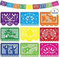 18 FT Cinco De Mayo Party Decorations, 1 Pack Fiesta Banner with 9 Plastic Papel Picado, Colorful Mexican Theme Party Flag Banner Dia De Los Muertos Day of the Dead Hanging Decor Home Party Supplies