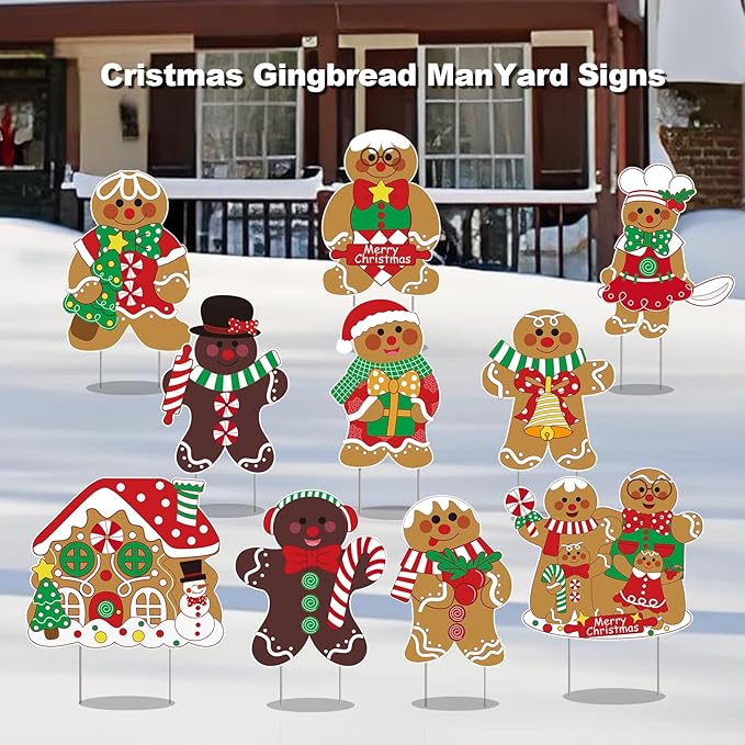 10 Pack Gingerbread Christmas Decorations, Christmas Gingerbread Man Yard Signs - Outdoor Lawn Decorations with Stakes, Holiday Pathway Markers for Garden, Patio, Xmas Party Decor