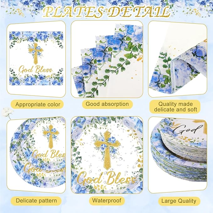 LemonRoad 452 Pcs God Bless Baptism Theme Party Decoration for 50 Gold Bless Flower Disposable Paper Plate Napkin Cup Tablecloth Cutlery Straw First Holy Communion Supplies for Christening Baby Shower