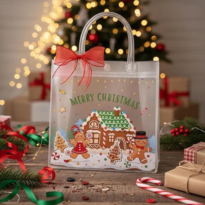 Henoyso 24 Pcs Christmas Village Clear Gift Bags Plastic Candy Treat Goodie Bags Gingerbread Santa PVC Wrap Totes with Handles and Ribbon Xmas Party Favors, 7.8 x 7.8 x 3.1 Inch