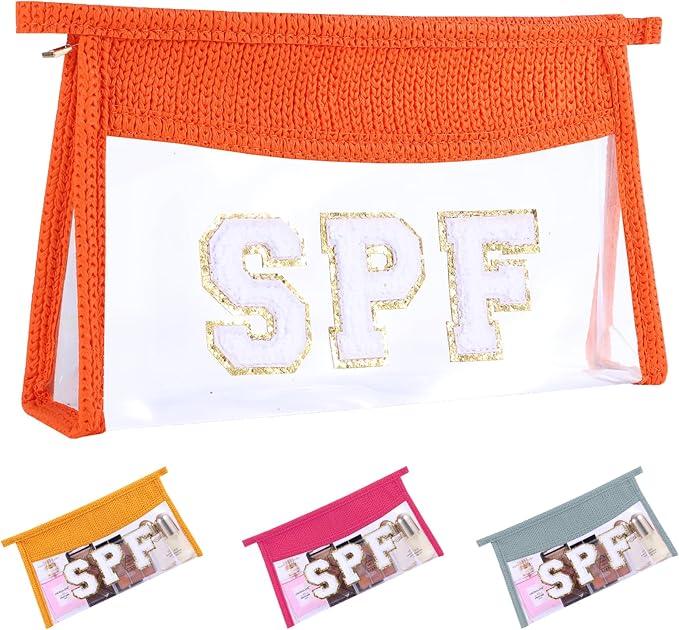 SPF Sunscreen Bag Clear Makeup Bag Chenille Letter SPF Cosmetic Zipper Pouch Summer Beach Essential Cute Toiletry Pouch Travel Accessories Gifts for Women