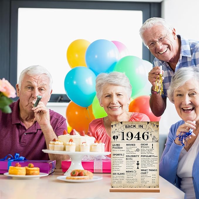 DARUNAXY 80th Birthday Party Decorations, Vintage Back in 1946 Poster Acrylic Sign with Stand 80 Year Old Party Supplies for Men& Women Vintage 1946 Table Decor 80th Anniversary Class Reunion Gifts