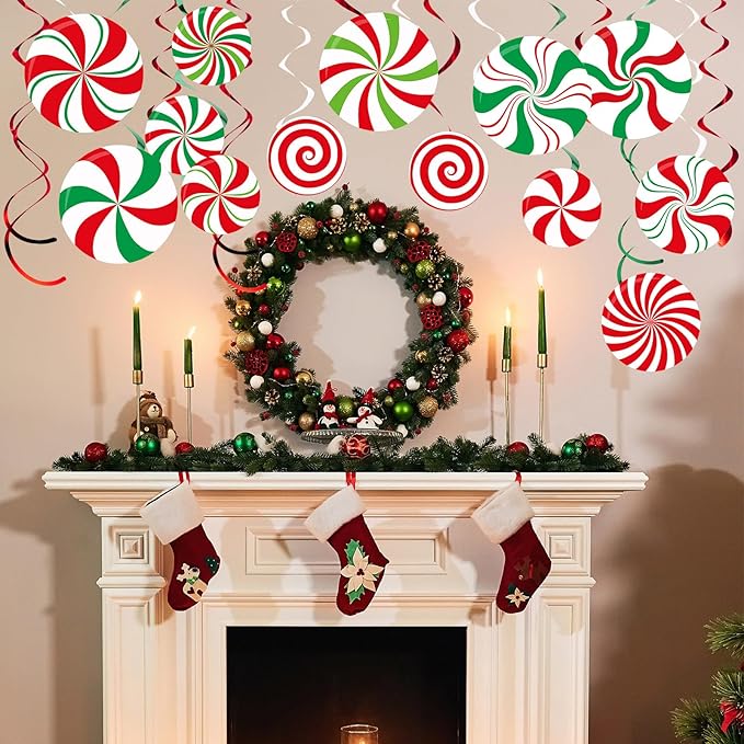 Funrous 54 Pcs Christmas Peppermint Candy Hanging Decorations Christmas Candies Ceiling Hanging Swirls Xmas Party Ceiling Whirl Streamers for Xmas Holiday Party Decor(Red White Green)
