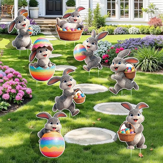 8 Pcs Easter Yard Signs with Stakes, Large Outdoor Easter Bunny Decorations in 8 Styles Featuring Cute Rabbits and Eggs, Sturdy and Waterproof Bunny Yard Lawn Garden Decor for Easter Party