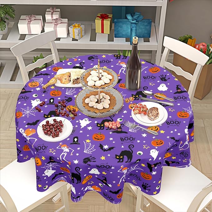 Halloween Tablecloth Round 60 Inch Purple Outdoor Table Cloth Black Orange Pumpkin Table Cover for Kitchen Dinner Room Holiday Party Outdoor Home Halloween Decor