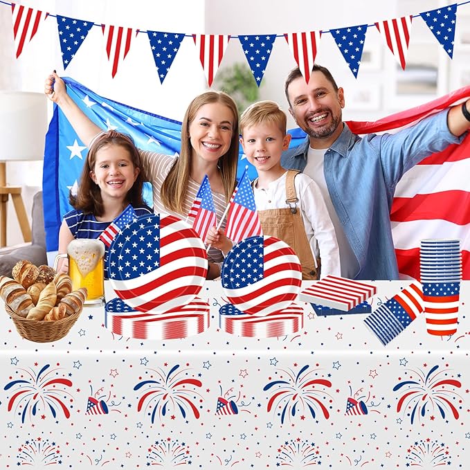 4th of July Decorations Patriotic Party Supplies Disposable Plates Napkins Cups Tablecloth and American Flag Pennant Decor for Fourth of July Independence Veterans Election Memorial Day Serve 25