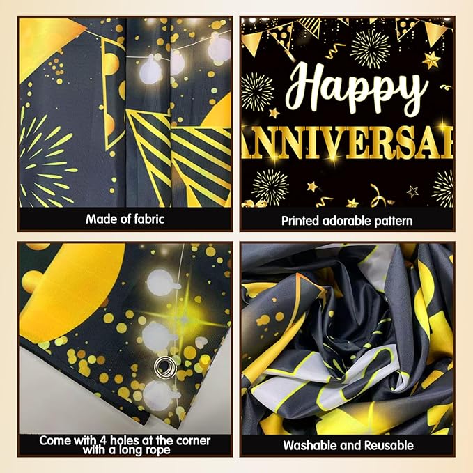 Happy Anniversary Decorations, Black and Gold Happy Wedding Anniversary Party Supplies - Happy Anniversary Banner,Backdrop 5.9 x 3.6Ft with 5pcs Honeycomb Centerpiece for Work Decorations