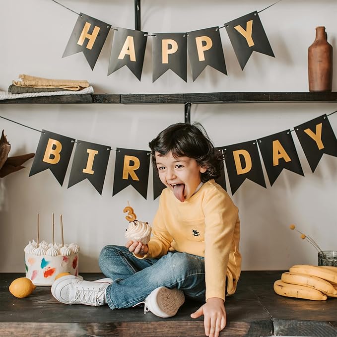 Black Happy Birthday Banner - Hanging Backdrop Sign With Gold Letters, Happy Birthday Sign Bunting Decorations For Men Women Kids Baby Shower Party Supplies (13pcs)