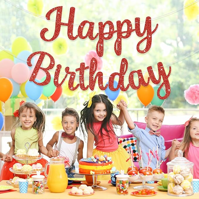 Glitter Happy Birthday Banner Sign Birthday Garland Wall Door Banners Flag for Women Men Boys Girls Party Backdrop Decorations Red